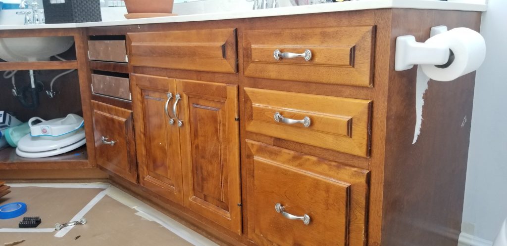 Bathroom vanity cabinet spray painting before — Segor Painting, Columbus OH